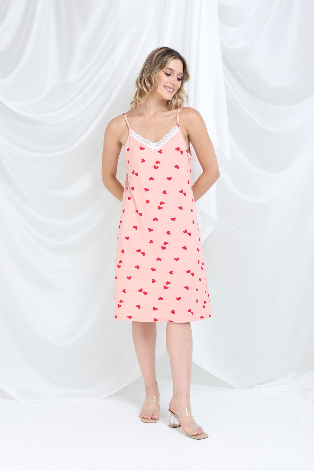 Kalp Desenli İp Askılı Elbise Pijama - PE51