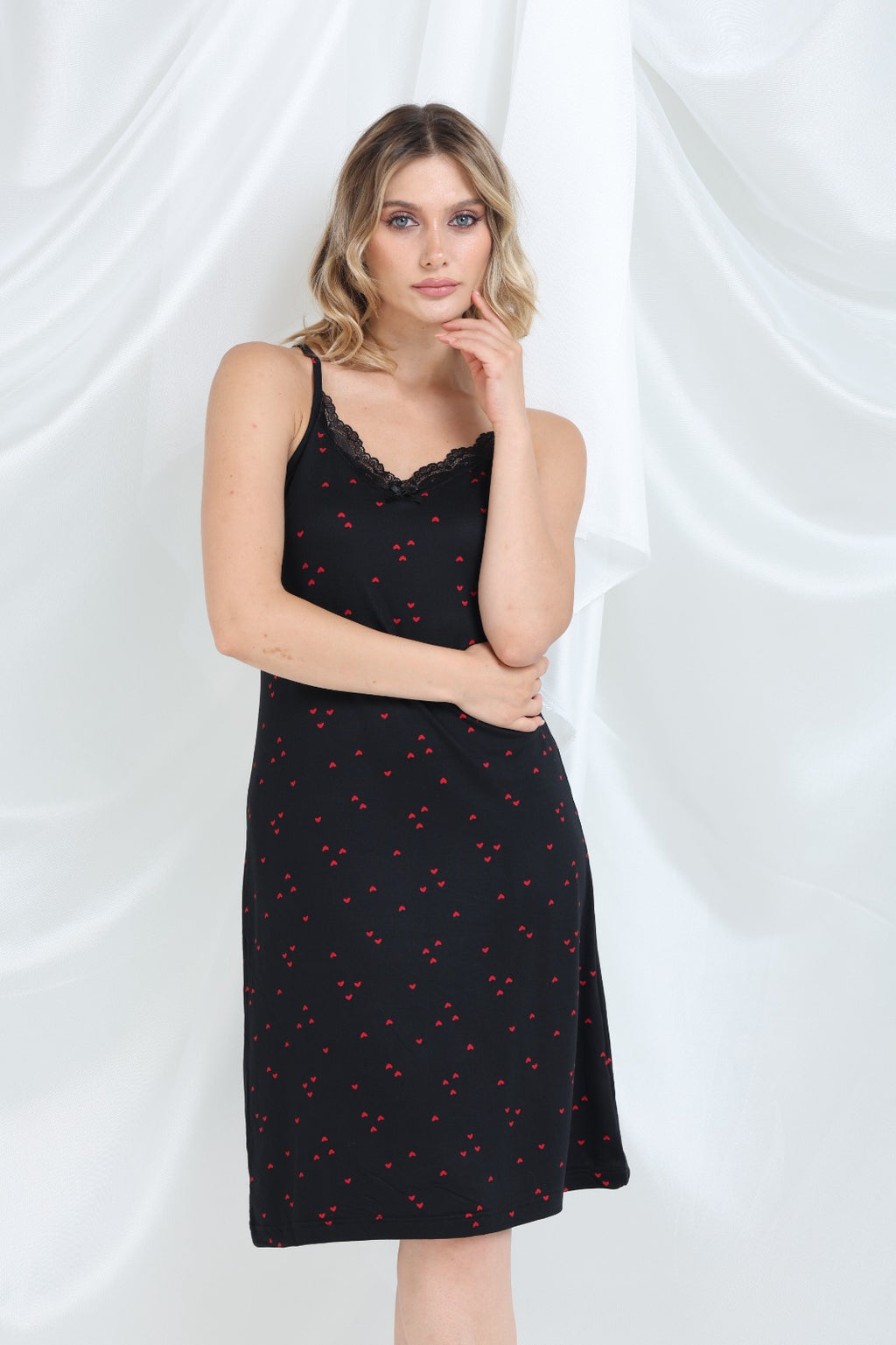 Kalp Desenli İp Askılı Elbise Pijama - PE44