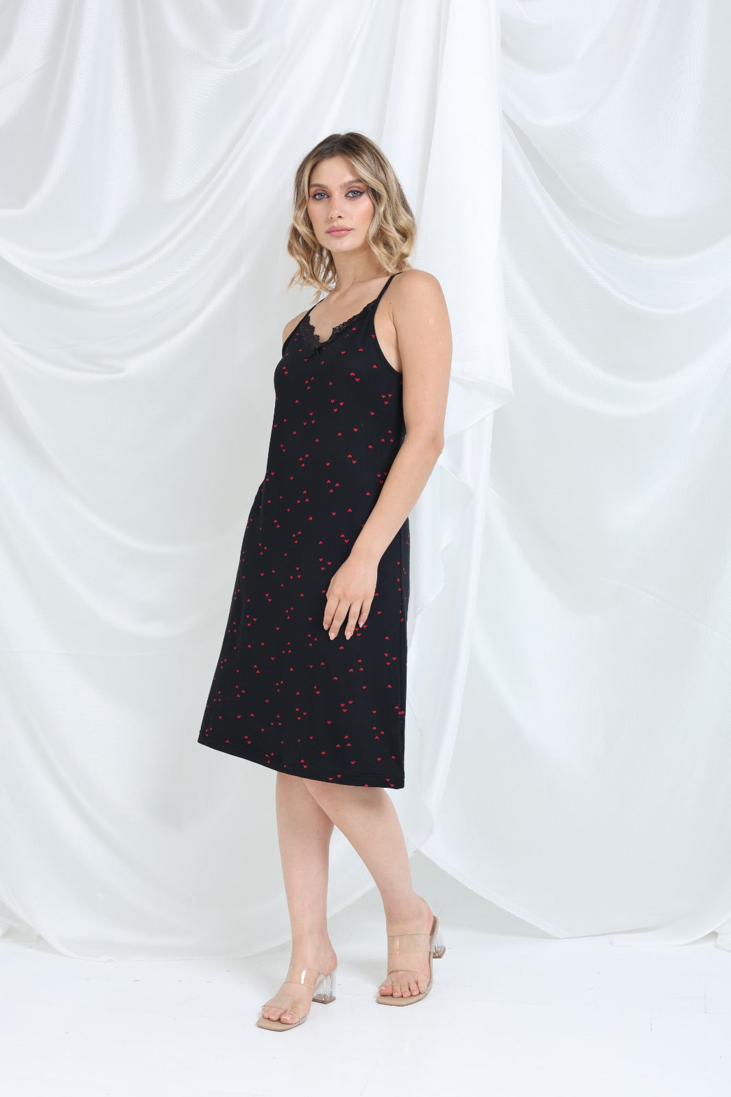 Kalp Desenli İp Askılı Elbise Pijama - PE44