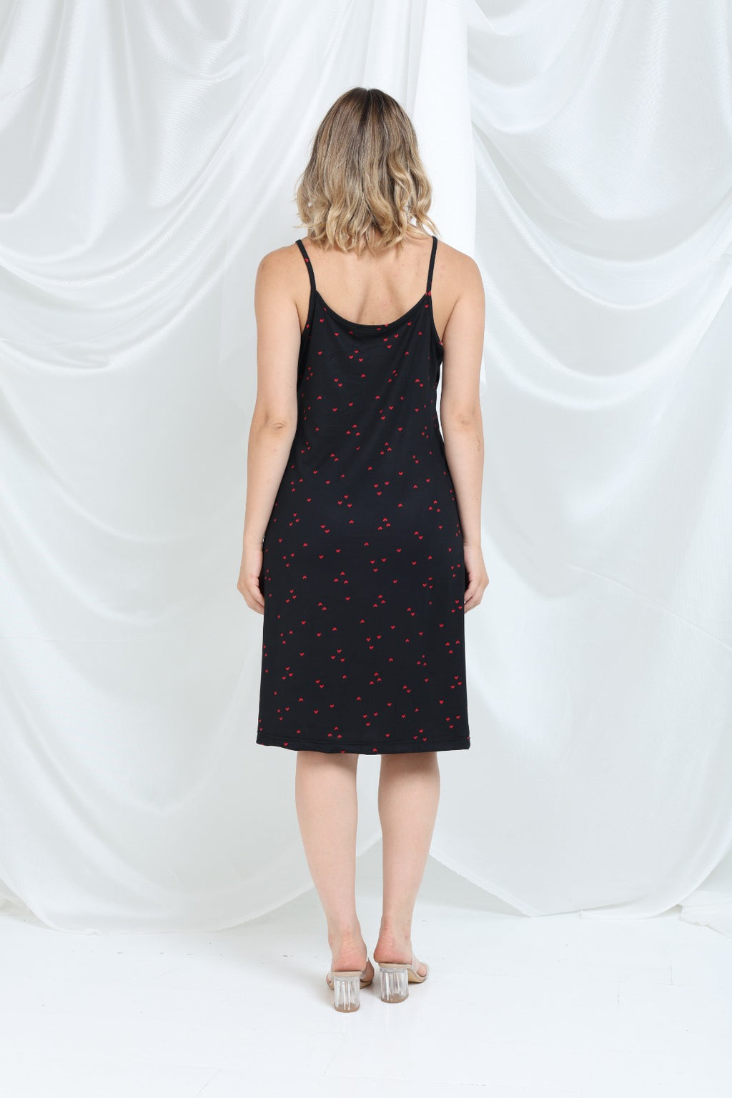 Kalp Desenli İp Askılı Elbise Pijama - PE44