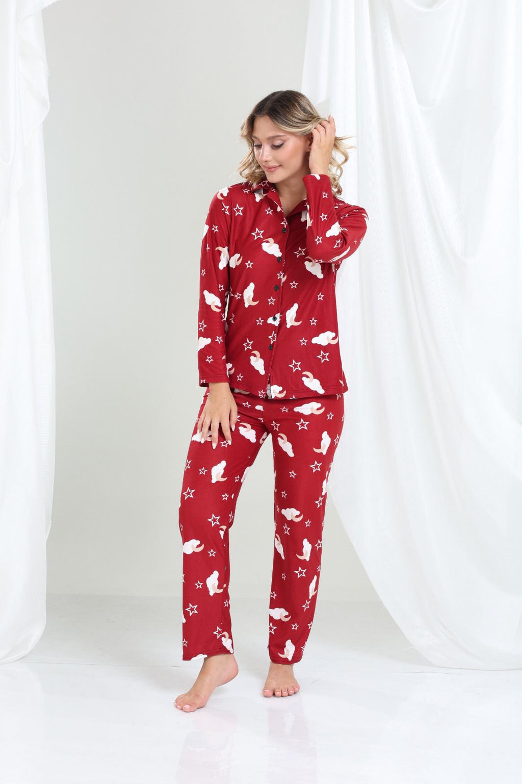 Yıldız ve Bulut Desenli Düğmeli Pijama Takımı - PP09