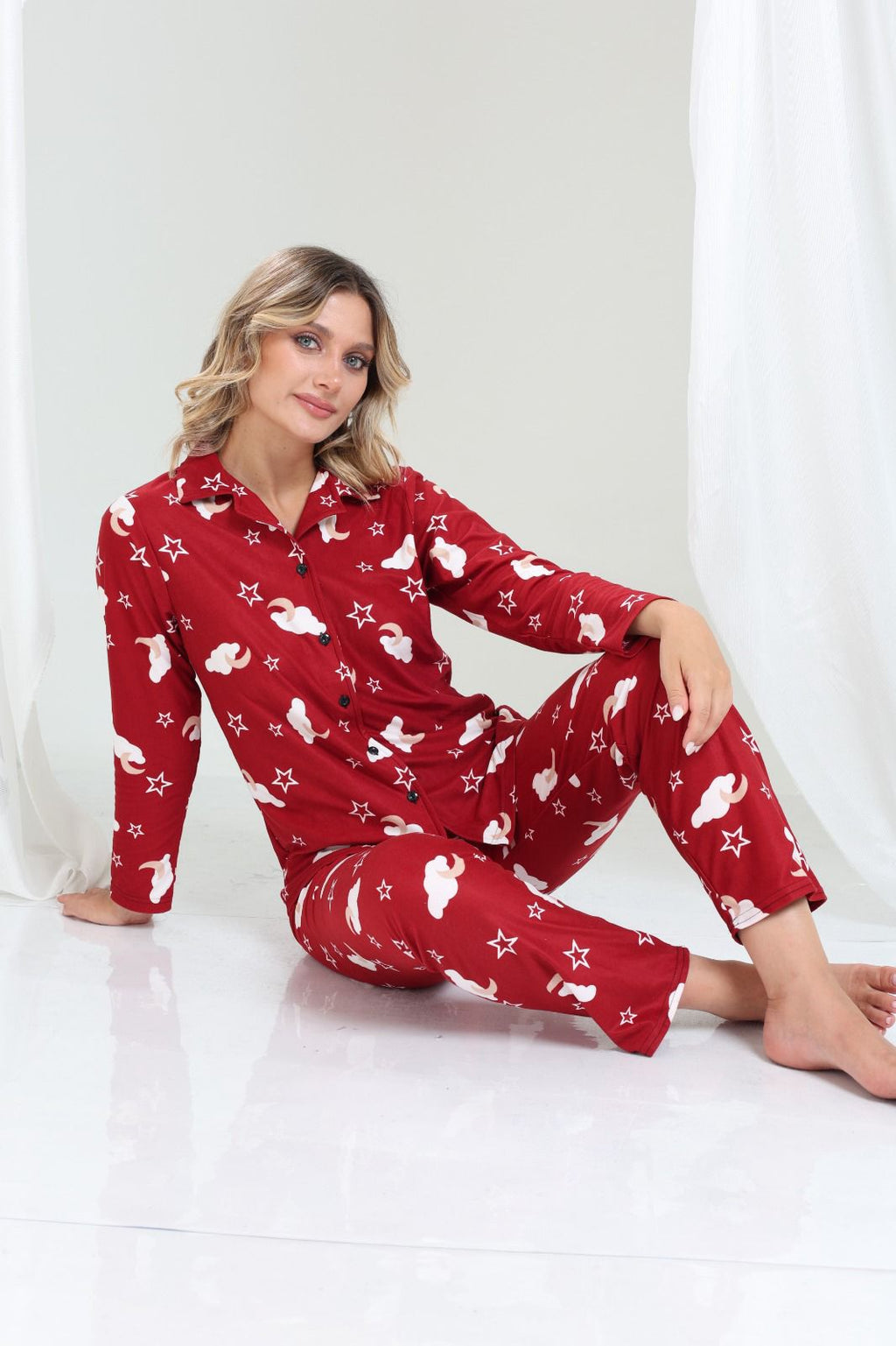 Yıldız ve Bulut Desenli Düğmeli Pijama Takımı - PP09