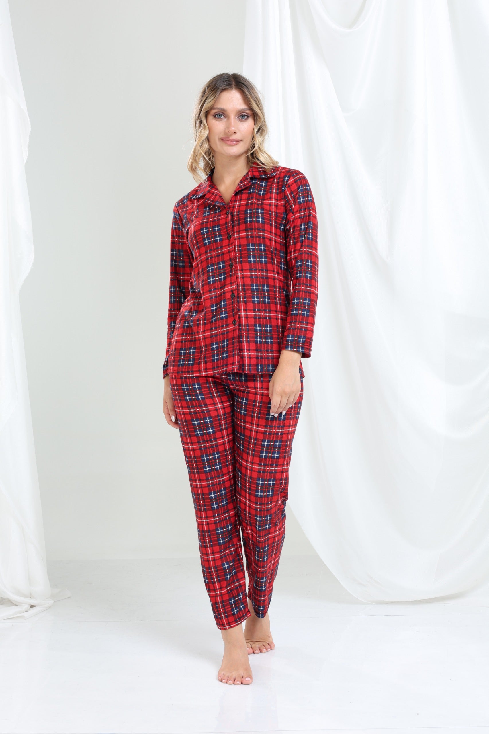 Kırmızı Ekoseli Düğmeli Pijama Takımı - PP15