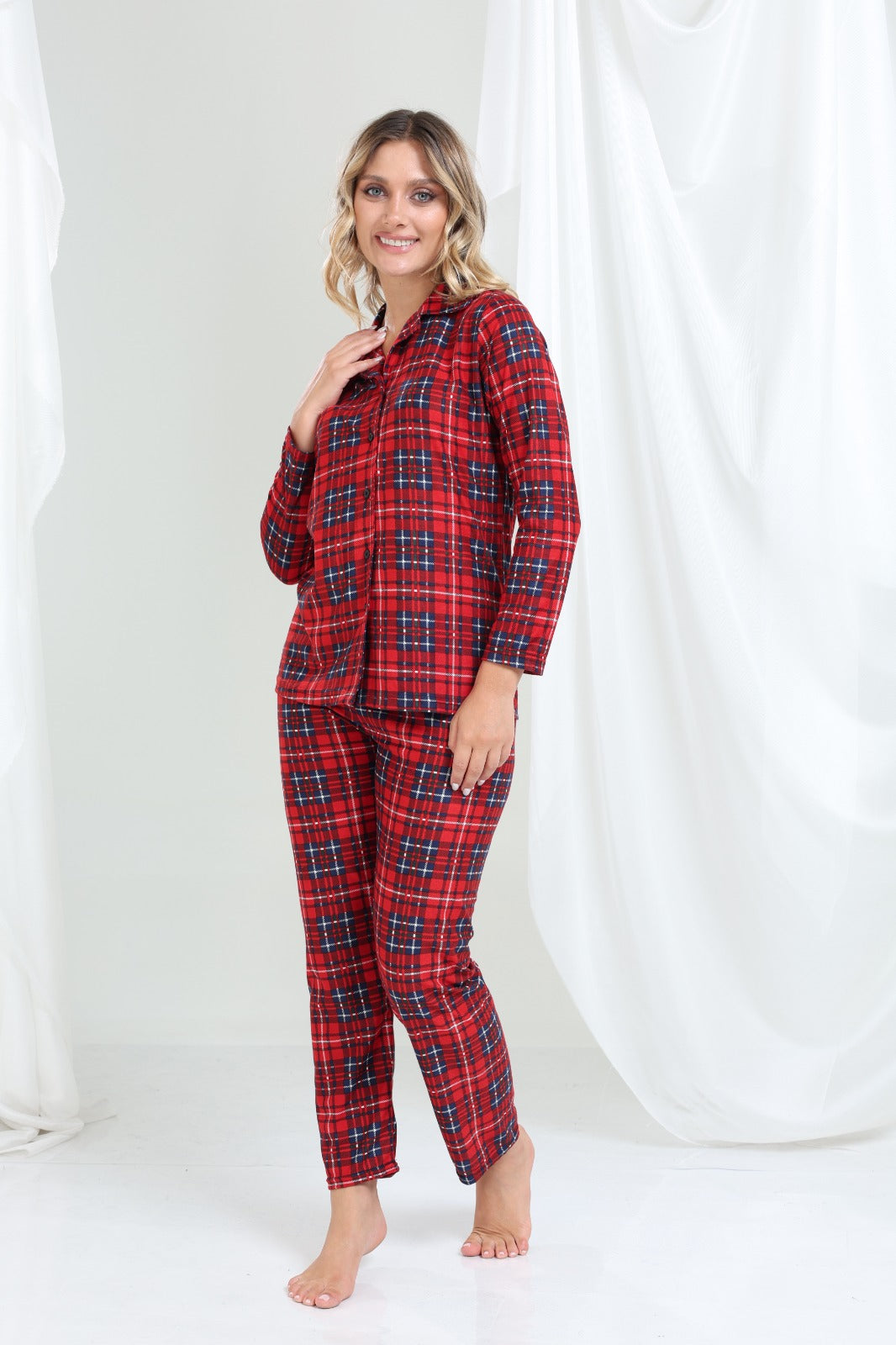 Kırmızı Ekoseli Düğmeli Pijama Takımı - PP15