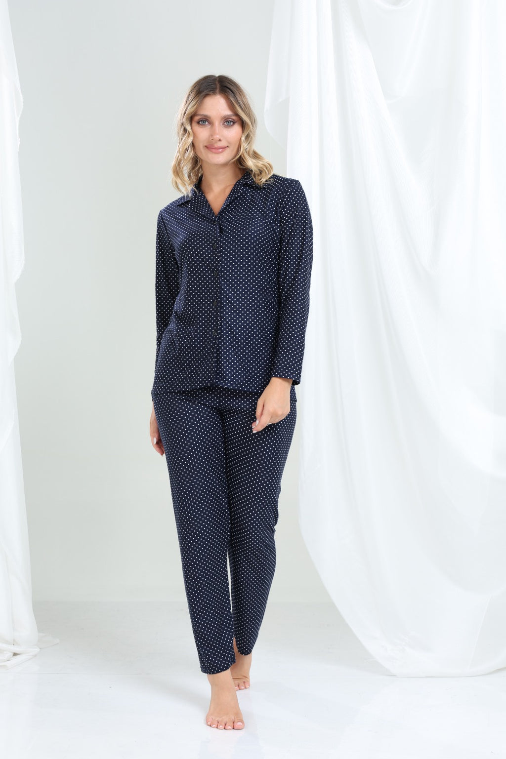 Puantiyeli (Noktalı) Düğmeli Pijama Takımı - PP13