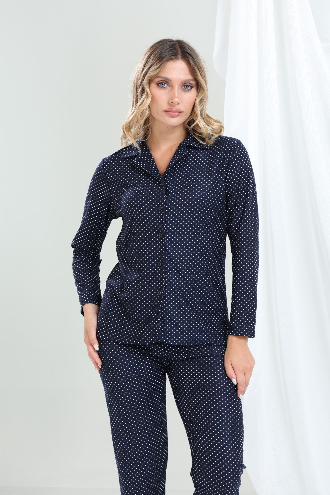 Puantiyeli (Noktalı) Düğmeli Pijama Takımı - PP13